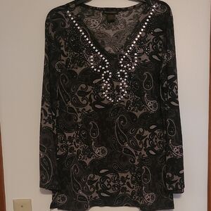 Susan Lawrence Black & Gray Paisley Print Long Sleeve Sweater Sz L